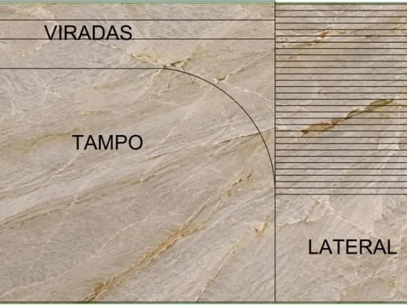 Peças desenhadas sobre a foto de uma chapa de quartzito